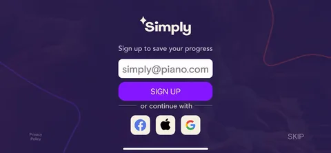 Simply Piano onboarding screen 102: 'Sign up to save your progress', with a Skip
