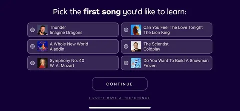 Simply Piano onboarding screen 123: 'Pick the first song you'd like to learn': Thunder, A Whole New World, The Scientist, The Lion King