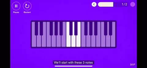 Simply Piano onboarding screen 135: 'We'll start with these 3 notes.' Scoping the first lesson down to something obviously achievable