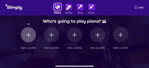 Simply Piano onboarding screen 14: 'Who's going to play piano?' with five profile slots