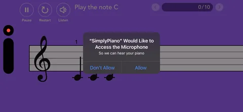 Simply Piano onboarding screen 141: The microphone dialog, finally, after the explanation and the calibration screen