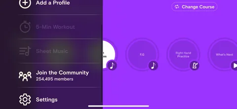 Simply Piano onboarding screen 144: 'Join the community, 254,495 members.' Social proof at the end rather than the start, once you've actually…