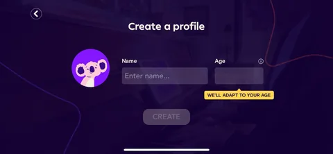 Simply Piano onboarding screen 18: Name and age, with 'We'll adapt to your age' under the field