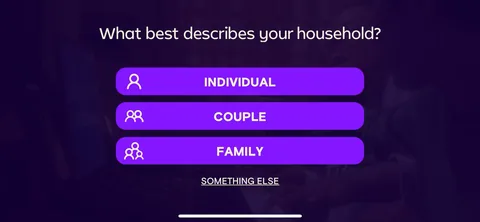 Simply Piano onboarding screen 30: 'What best describes your household?' Individual, Couple, Family, Something else