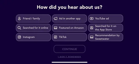 Simply Piano onboarding screen 34: 'How did you hear about us?' with nine options including TikTok, YouTube ad, Featured on Amazon and…