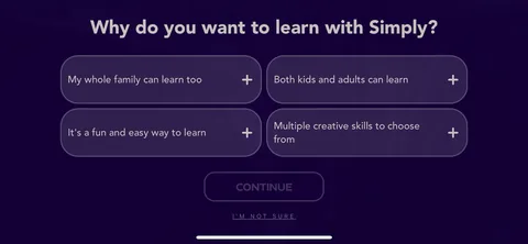 Simply Piano onboarding screen 62: 'Why do you want to learn with Simply?' with family-shaped answers: my whole family can learn too, both kids…
