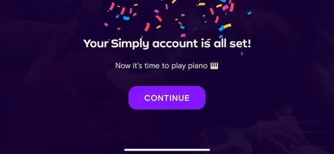 Simply Piano onboarding screen 68: 'Your Simply account is all set