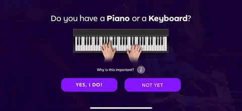 Simply Piano onboarding screen 69: 'Do you have a piano or a keyboard?' with a 'Why this is important' link