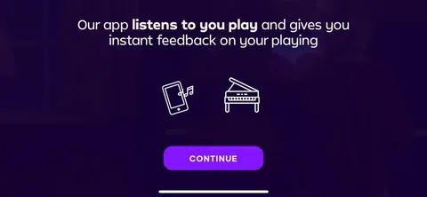 Simply Piano onboarding screen 73: 'Our app listens to you play and gives you instant feedback on your playing.' Priming the microphone…