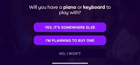Simply Piano onboarding screen 85: 'Will you have a piano or keyboard to play with?' with four answers including 'I'm planning to buy one' and…