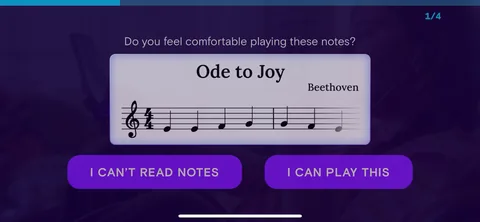 Simply Piano onboarding screen 88: 'Do you feel comfortable playing these notes?' showing actual sheet music from Ode to Joy, with 'I can't read…