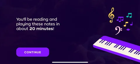 Simply Piano onboarding screen 91: 'You'll be reading and playing these notes in about 20 minutes.' A specific, checkable promise with a number…