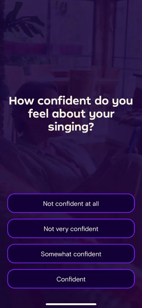 Simply Sing onboarding screen 4: 'How confident do you feel about your singing?' is the right opener for a learn-to-sing app