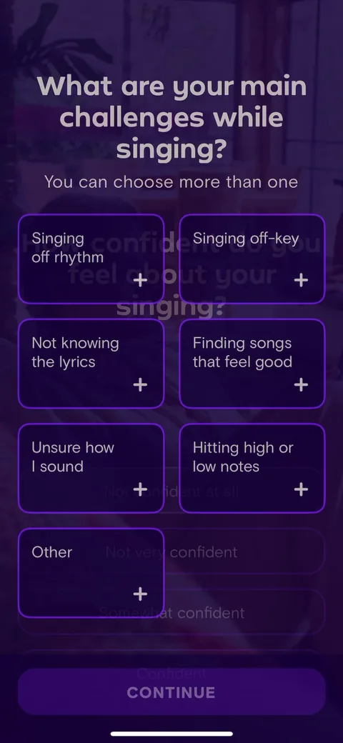 Simply Sing onboarding screen 5: Challenges question, multi-select done right ('you can choose more than one')
