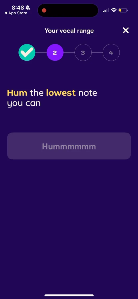 Simply Sing onboarding screen 105: 'Hum the lowest note you can.' The test escalates from reading to humming to a high 'woo hoo' to shouting…