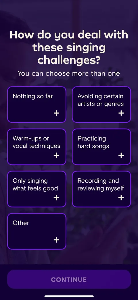 Simply Sing onboarding screen 11: 'How do you deal with these singing challenges' is a nice qualifying question