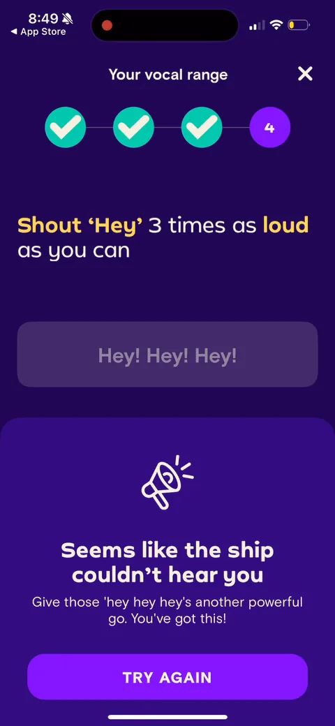 Simply Sing onboarding screen 119: Nice detail: when the shout fails the mic, the copy stays encouraging