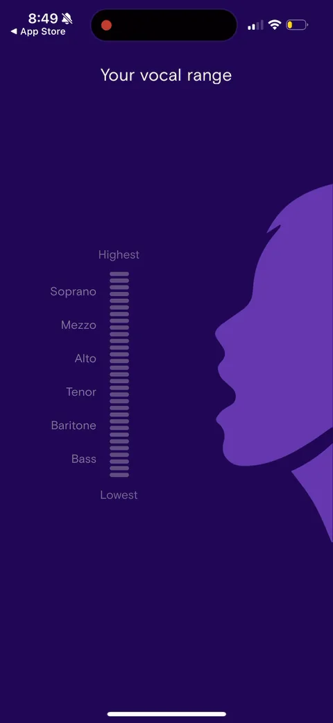 Simply Sing onboarding screen 130: The result: your range plotted on the soprano-to-bass scale, landed on 'Bass'