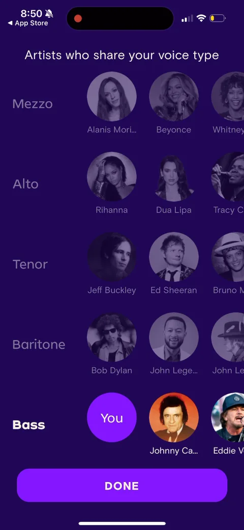 Simply Sing onboarding screen 133: 'Artists who share your voice type' shows Bob Dylan, Johnny Cash and others next to your 'Bass' result