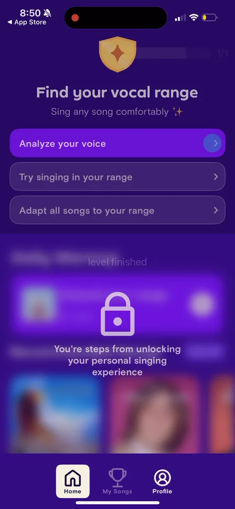 Simply Sing onboarding screen 135: Post-test activation home with a checklist: 'Analyze your voice', 'Try singing in your range', 'Adapt all…