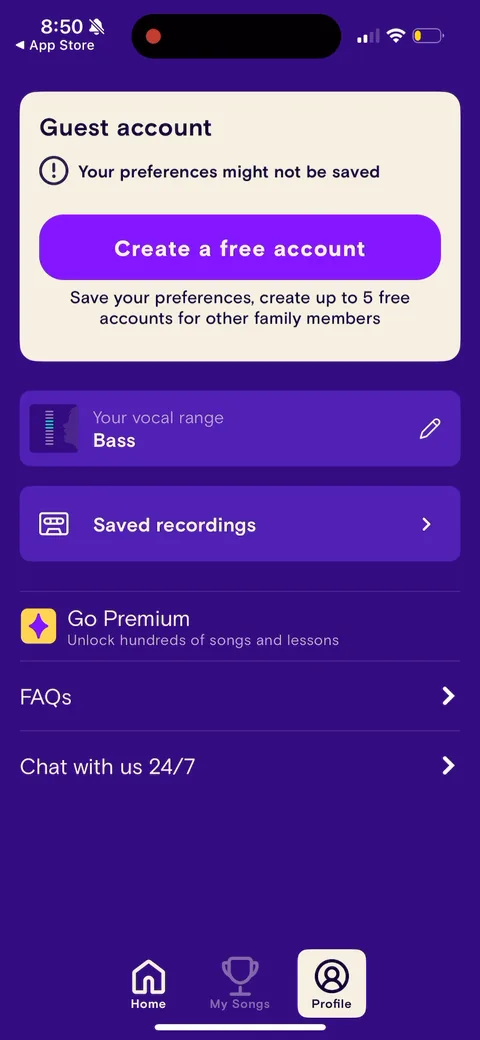 Simply Sing onboarding screen 143: Guest-account nudge on the profile: 'Your preferences might not be saved, create a free account' plus 'Go…