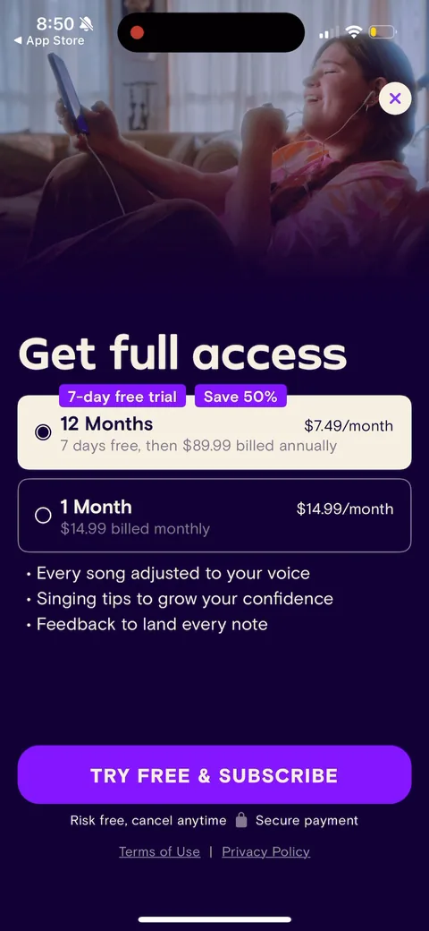 Simply Sing onboarding screen 144: Paywall fires after the free song, not before