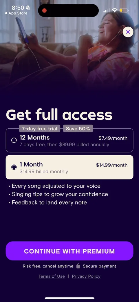 Simply Sing paywall with pricing, onboarding screen 145