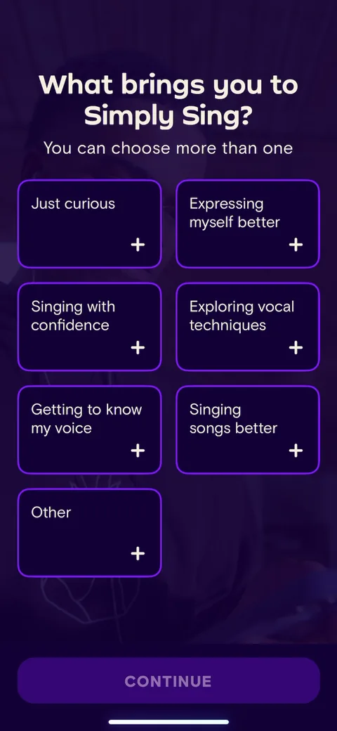 Simply Sing onboarding screen 16: 'What brings you to Simply Sing' is the motivation question, and the options are benefits not tasks…