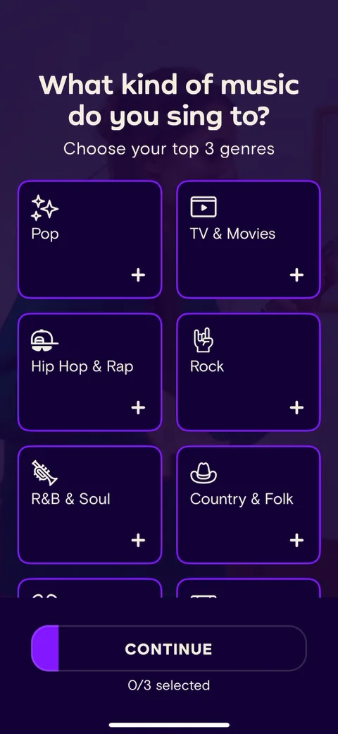 Simply Sing onboarding screen 18: Genre picker capped at top 3 ('0/3 selected')