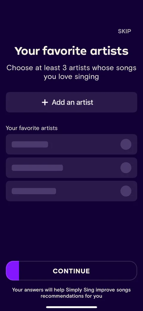 Simply Sing onboarding screen 28: Favorite artists, choose at least 3, and they tell you why: 'Your answers will help Simply Sing improve songs…