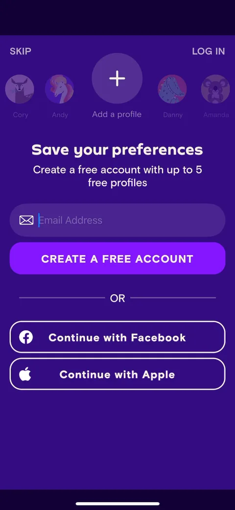 Simply Sing onboarding screen 48: Account creation lands here, after the quiz and before the lessons, and it's skippable ('SKIP' top left)