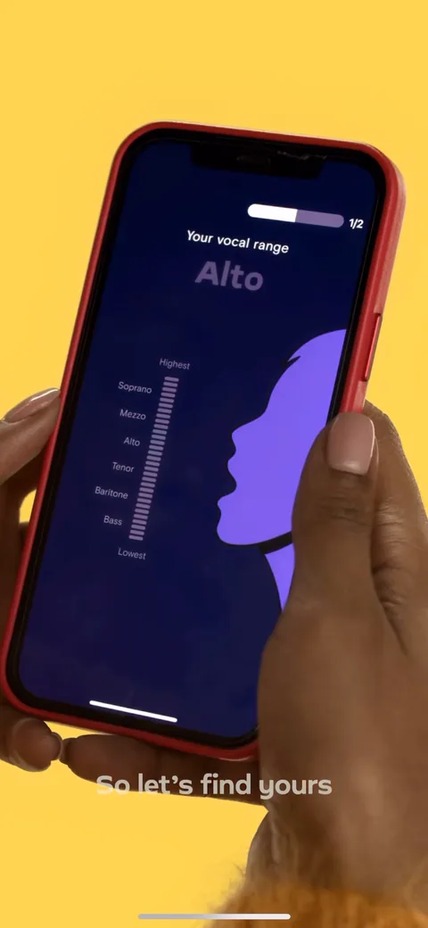 Simply Sing onboarding screen 54: 'Your vocal range, find yours' inside the video