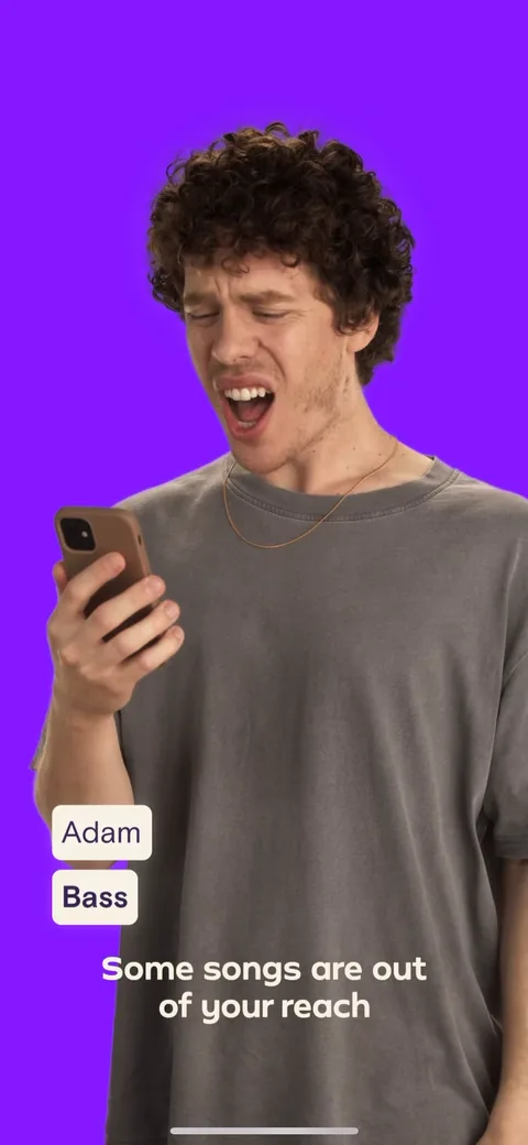 Simply Sing onboarding screen 57: 'Some songs are out of your reach' with a real person straining to sing, labeled 'Adam / Bass'