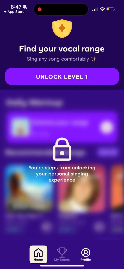 Simply Sing onboarding screen 83: Activation home preview appears: 'Find your vocal range, sing any song comfortably' with a locked path and…