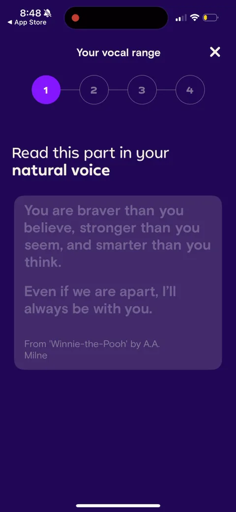 Simply Sing onboarding screen 96: Step 1 of 4, 'Read this part in your natural voice' with a Winnie-the-Pooh passage
