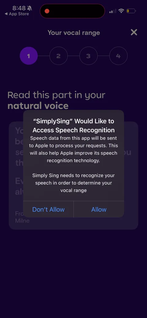 Simply Sing onboarding screen 97: Speech recognition permission requested in context, right when the test needs it, with a clear reason…
