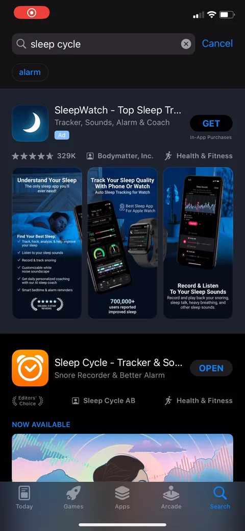 Sleepcycle onboarding screen 1: App Store listing leads with 'the only sleep app you'll ever need', 329k ratings, and the Apple laurels