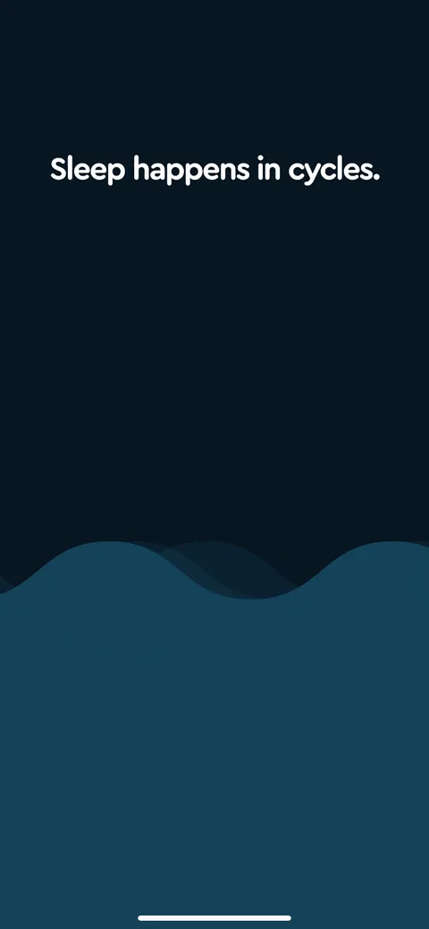 Sleepcycle onboarding screen 9: They open by teaching the mechanism: 'Sleep happens in cycles.' An animated story explaining why alarm timing…