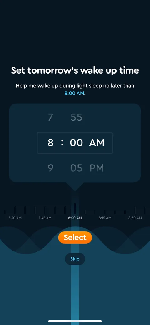 Sleepcycle onboarding screen 25: A bit of input right inside the story: pick tomorrow's wake time