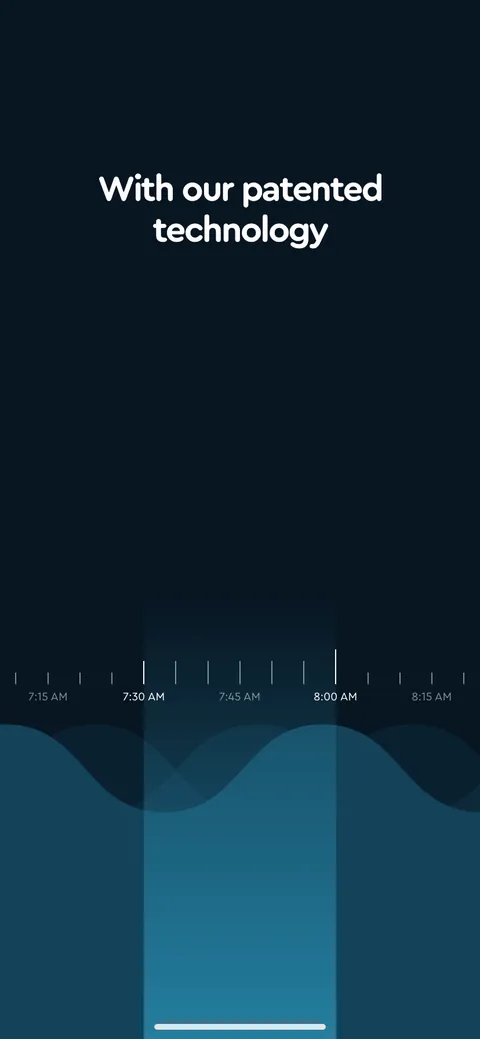 Sleepcycle onboarding screen 27: 'With our patented technology' drops a credibility anchor mid-story