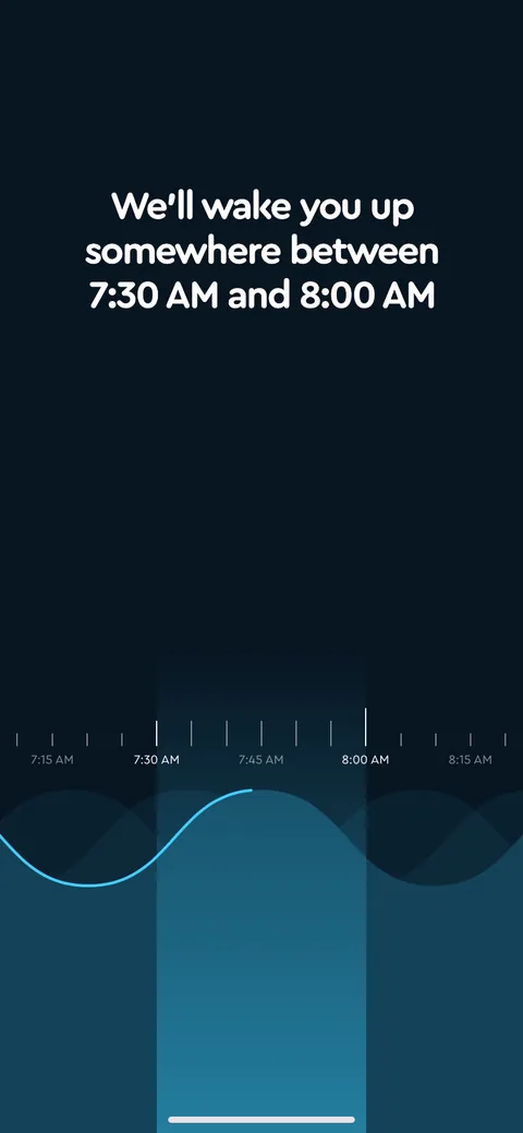 Sleepcycle onboarding screen 31: 'We'll wake you up somewhere between 7:30 and 8:00 am' echoes the time you just set back at you