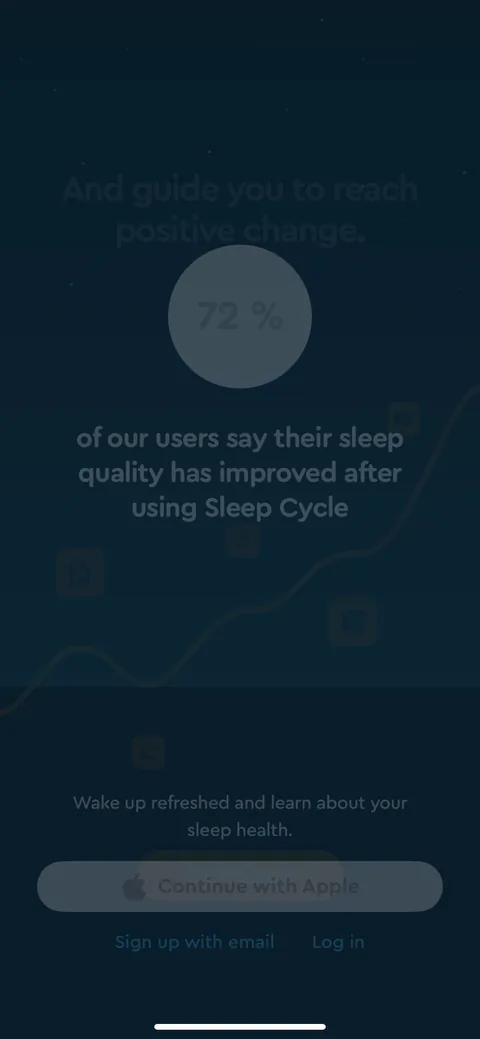 Sleepcycle onboarding screen 52: '72% of our users say their sleep quality has improved' fades in right over the signup ask