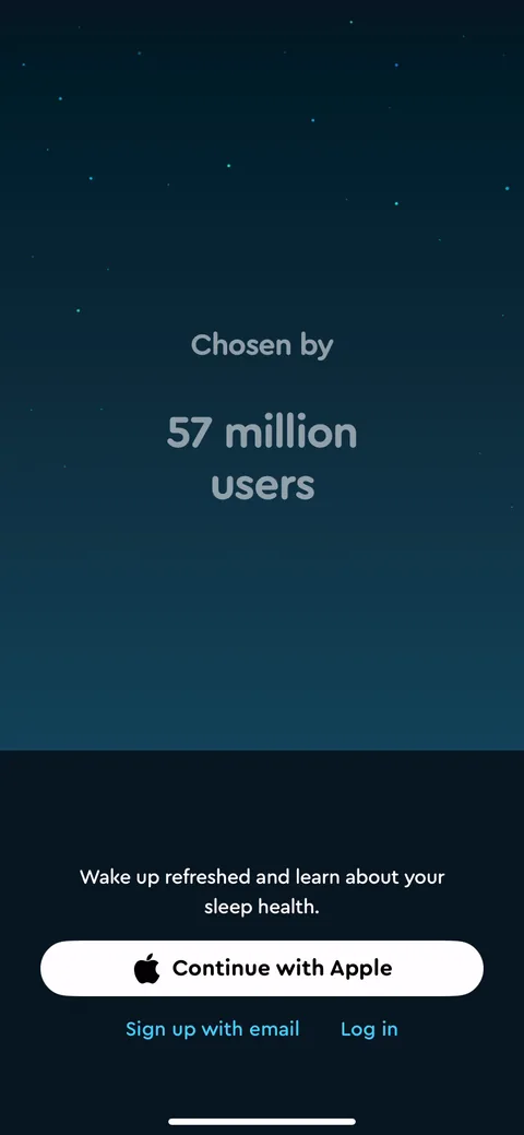 Sleepcycle onboarding screen 55: 'Chosen by 57 million users' plus a one-tap 'Continue with Apple' as the default, email buried as a text link