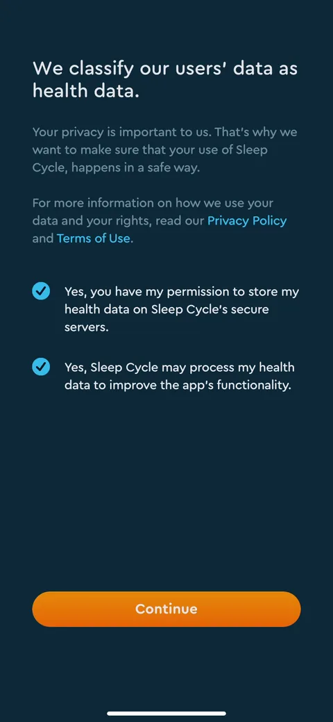 Sleepcycle onboarding screen 70: Health-data consent with both boxes pre-checked and required to continue