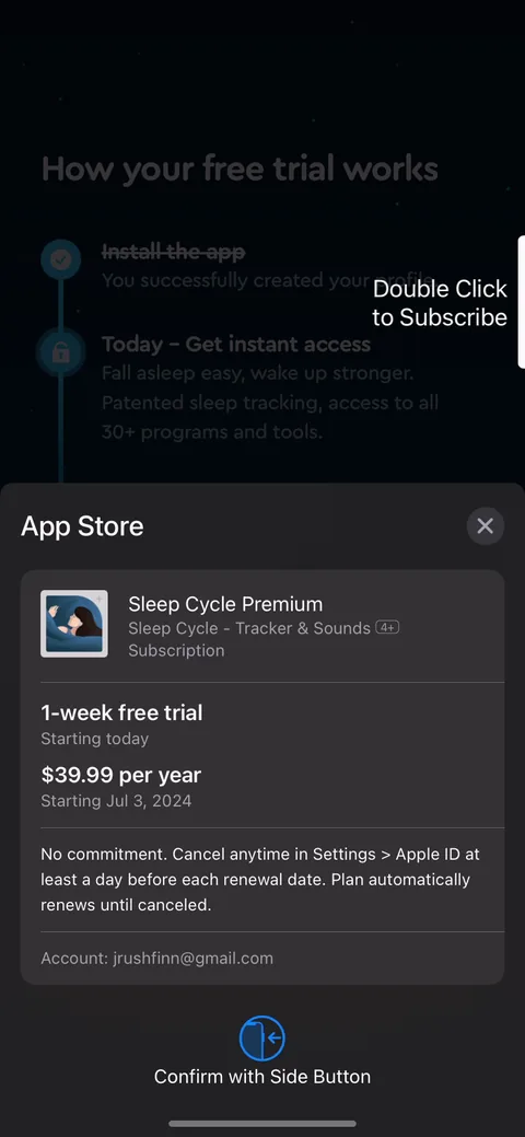 Sleepcycle onboarding screen 73: Native Apple subscription sheet, one plan only: 7 days free then $39.99/year