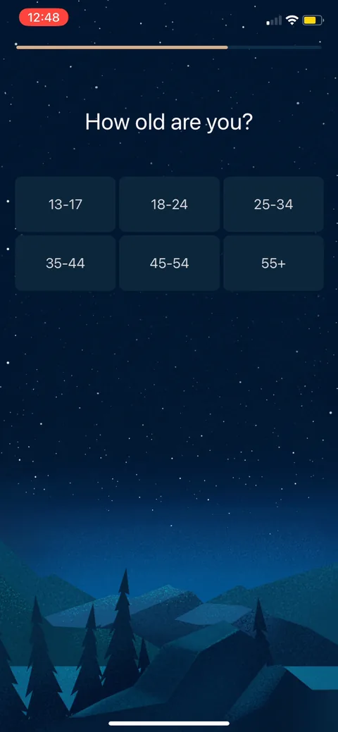 Slumber onboarding screen 18: Age, as single-tap buckets