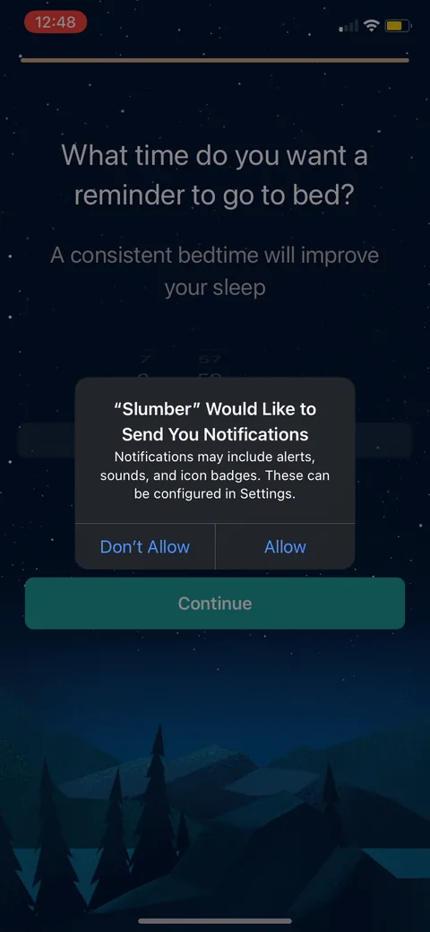 Slumber onboarding screen 25: Notification permission fires right after they set a bedtime reminder time