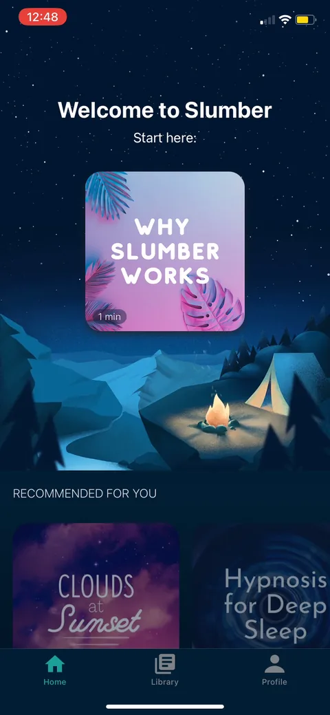 Slumber onboarding screen 32: Home screen with 