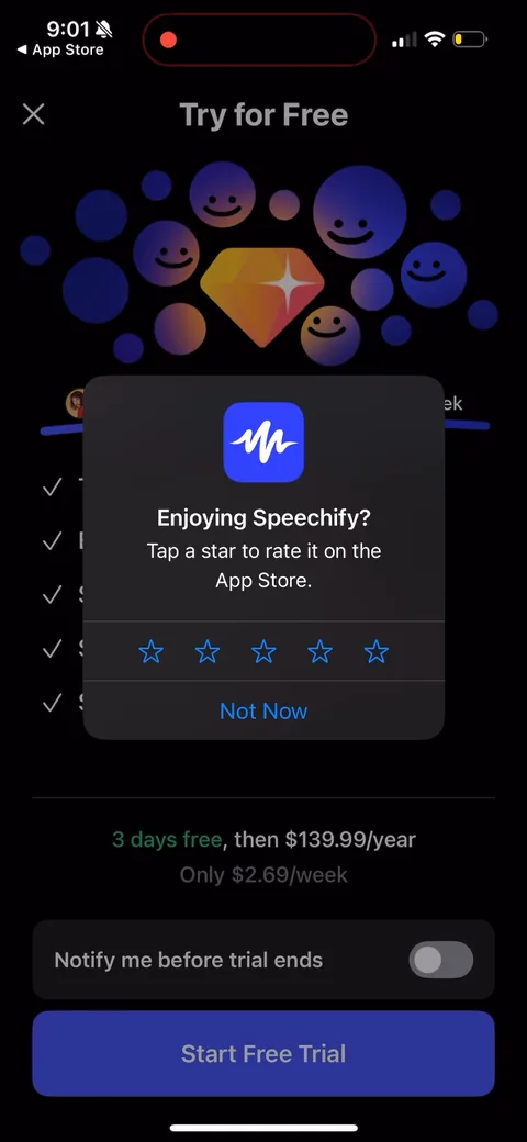 Speechify onboarding screen 101: A rate prompt stacked right on the paywall