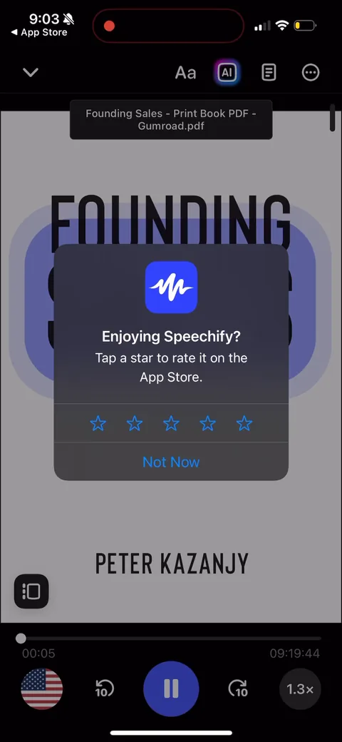 Speechify onboarding screen 144: Another rate prompt, this time mid-read